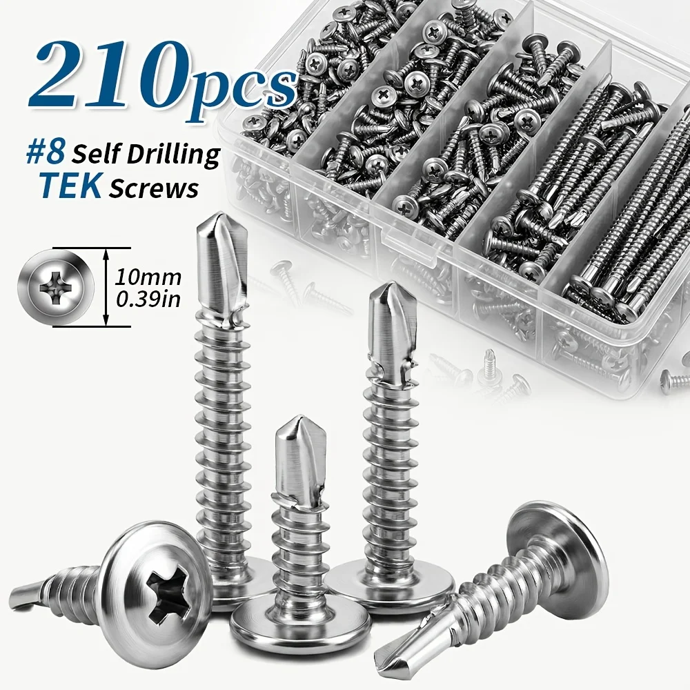 210pcs Stainless Steel #8 Washer Pan Head Self-Drilling Screws, Rustproof Heavy-Duty Fasteners For Home Furniture, Woodworking