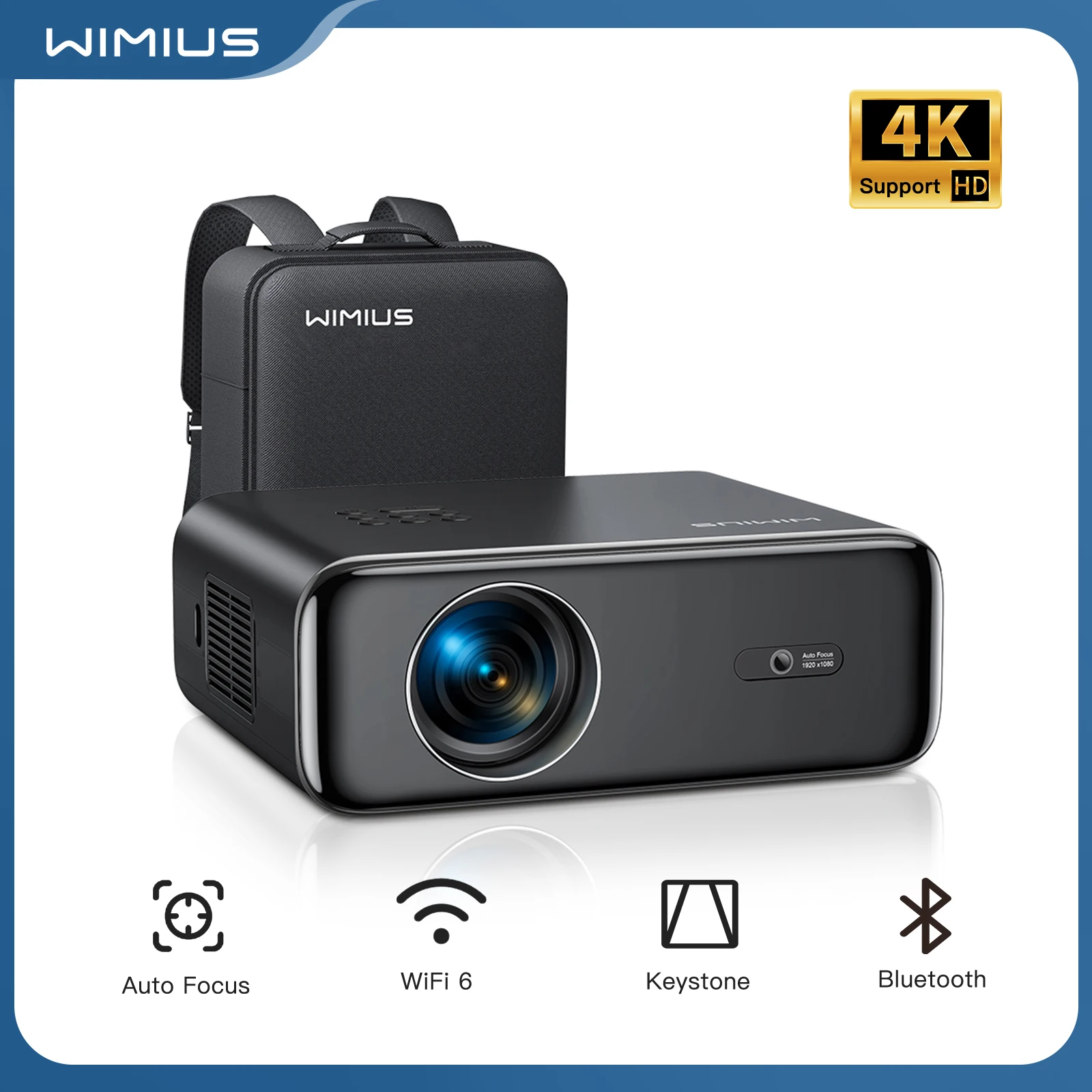 Projektor Wimius 4K Projektor Full HD 1080P 26000 lumenów Automatyczne ustawianie ostrości/projektor kamieni keyowych z WiFi 6 Kino domowe Bluetooth