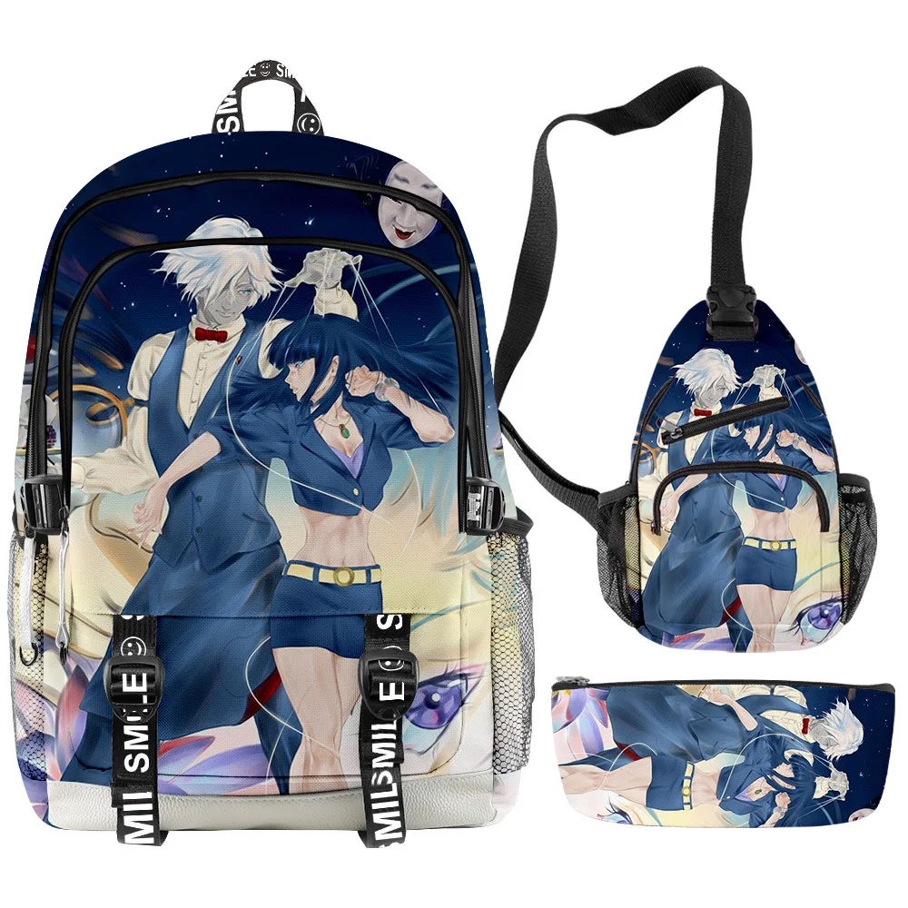

Fashion Novelty Cool Death Parade 3D Printed 3pcs/Set Student School Bags multifunction Travel Backpack Chest Bag Pencil Case