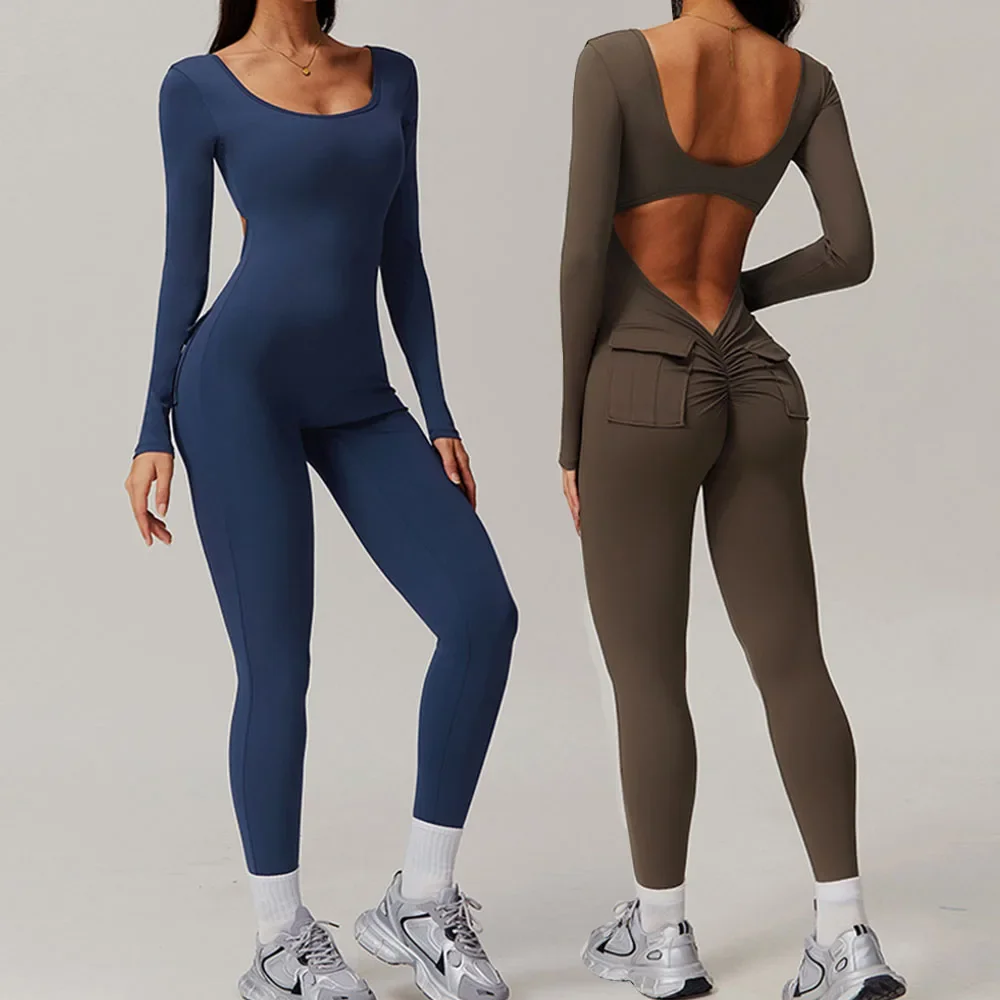 Longsleeve Jumpsuits Women Pocket Sport Overalls Sexy Fitness Bodysuits Female Gym Workout Romper Sportwear