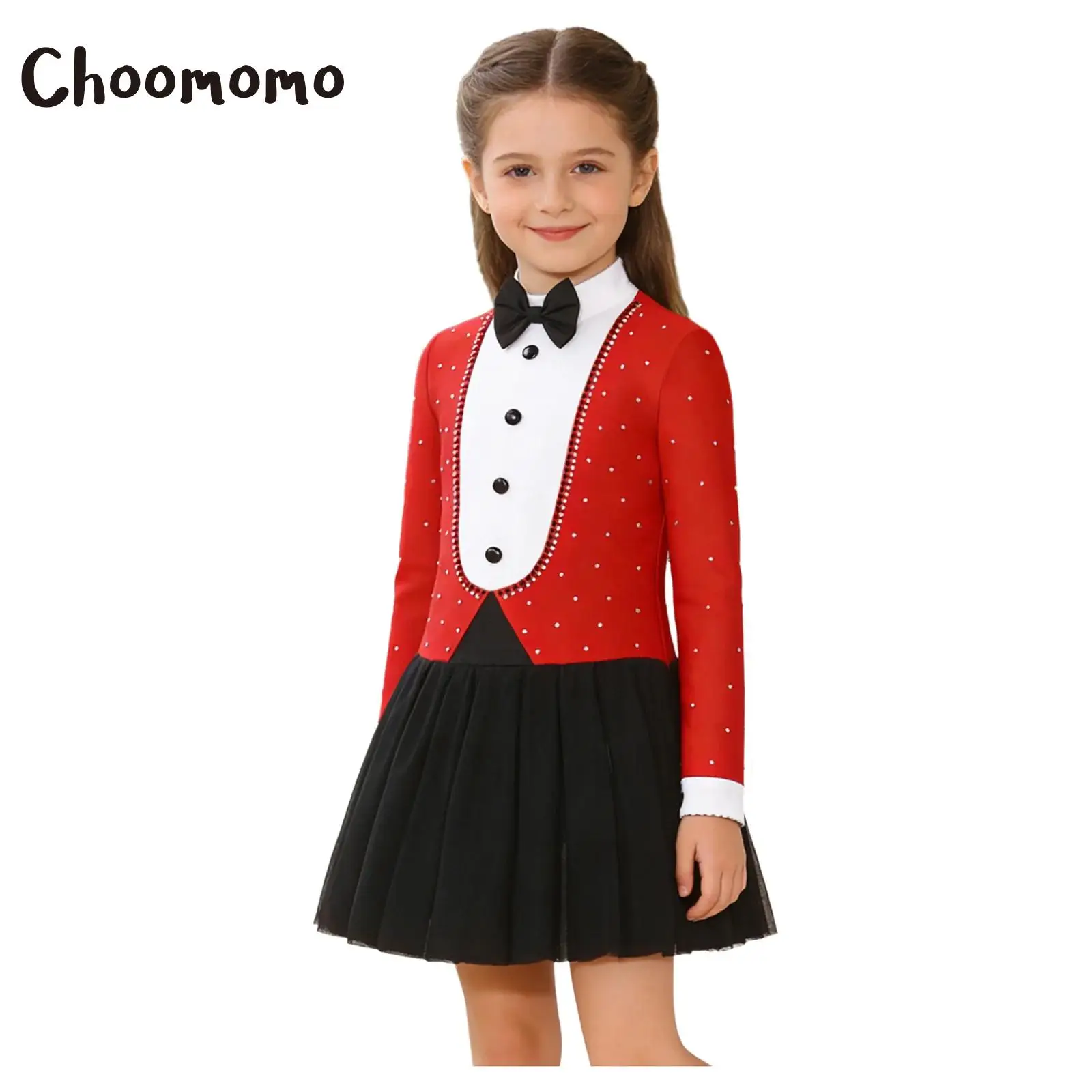 

Girls Magician Costume Halloween Circus Performance Ringmaster Jumpsuit Bowtie Long Sleeves Rhinestone Color Block Leotard Dress