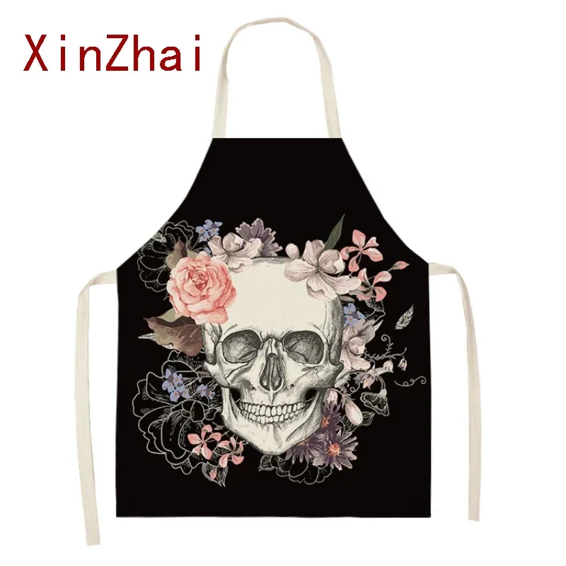 Flower Skull Series Waist Linen Polyester Apron Kitchen Baking Accessories Kitchen Apron Skull Cooking Accessories Tablier