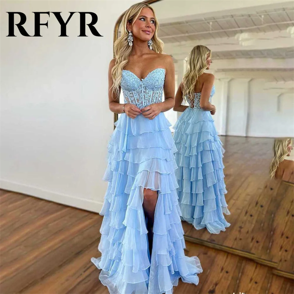 RFYR Sky Blue Evening Dresses A-line Corset Sweetheart Prom Dress with Appliques فستان سهرة Tiered Tulle Sleeveless Party Dress