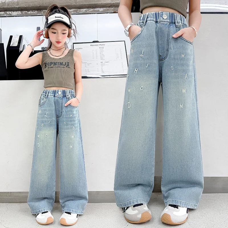 

Girls Jeans Spring Autumn 2025 New Kids Casual Letter Loose Straight Wide Leg Trousers for Teenagers Children's Clothing