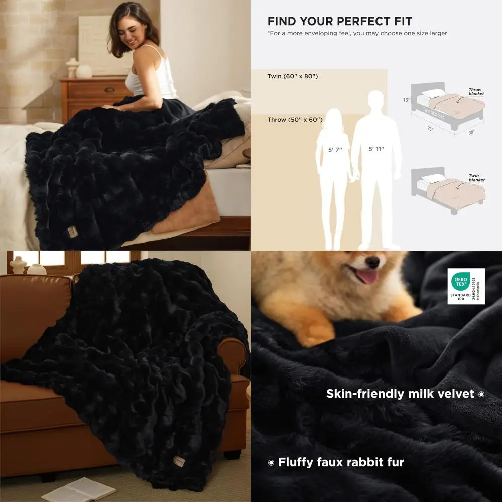 

Cozy Black Fluffy Faux Fur Throw Blanket, Plush Velvet Sofa Cover, Warm Bedding Gift for All