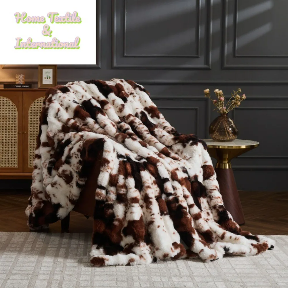 Luxury Cow Print Brown Faux Fur Blanket Winter Coral Plush Blanket Bedroom Sofa Soft Breathable Warm Cover Blanket