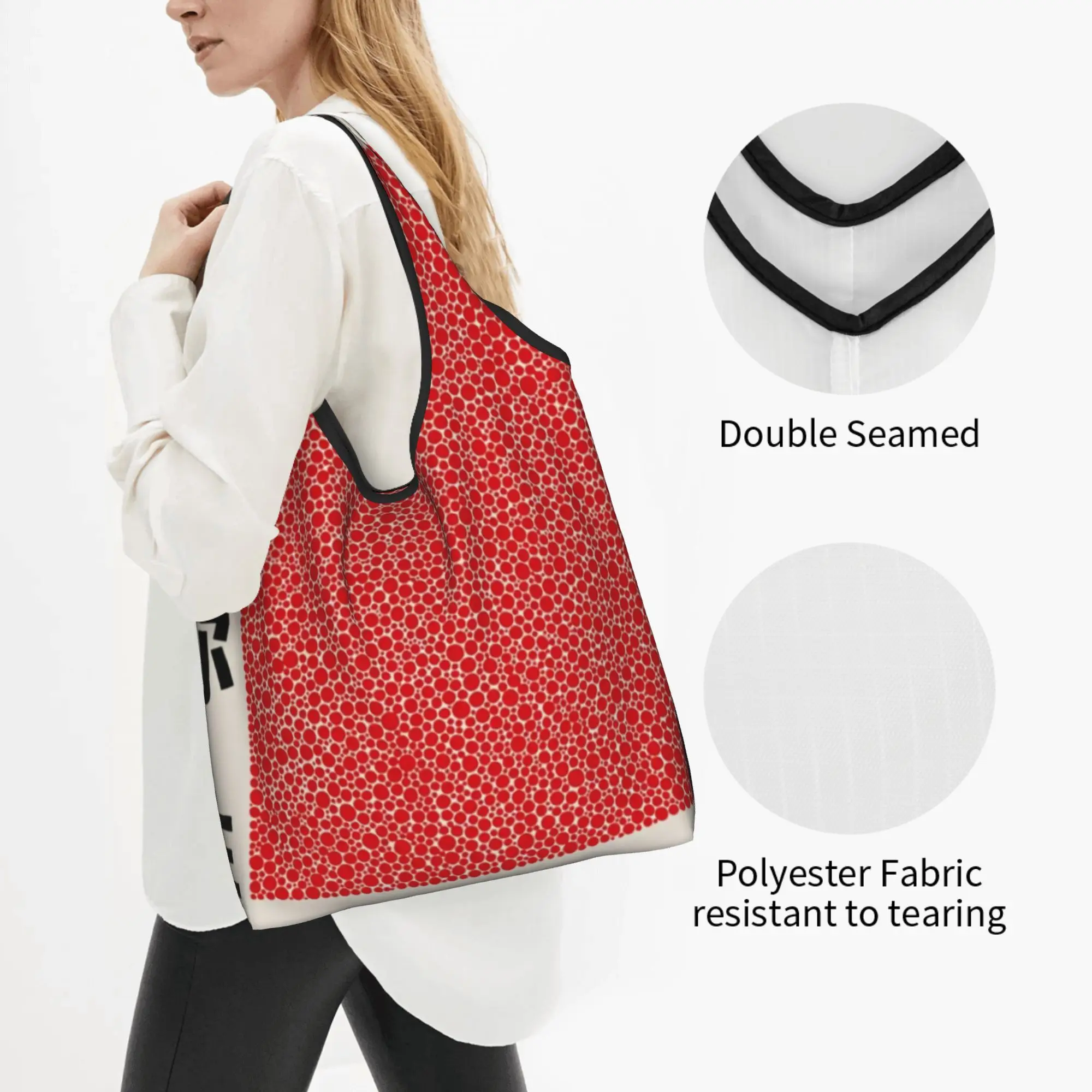 Kawaii Dots Red Yayoi Kusama Shopping Tote Bags Portable Abstract Painting Grocery Shopper Shoulder Bag