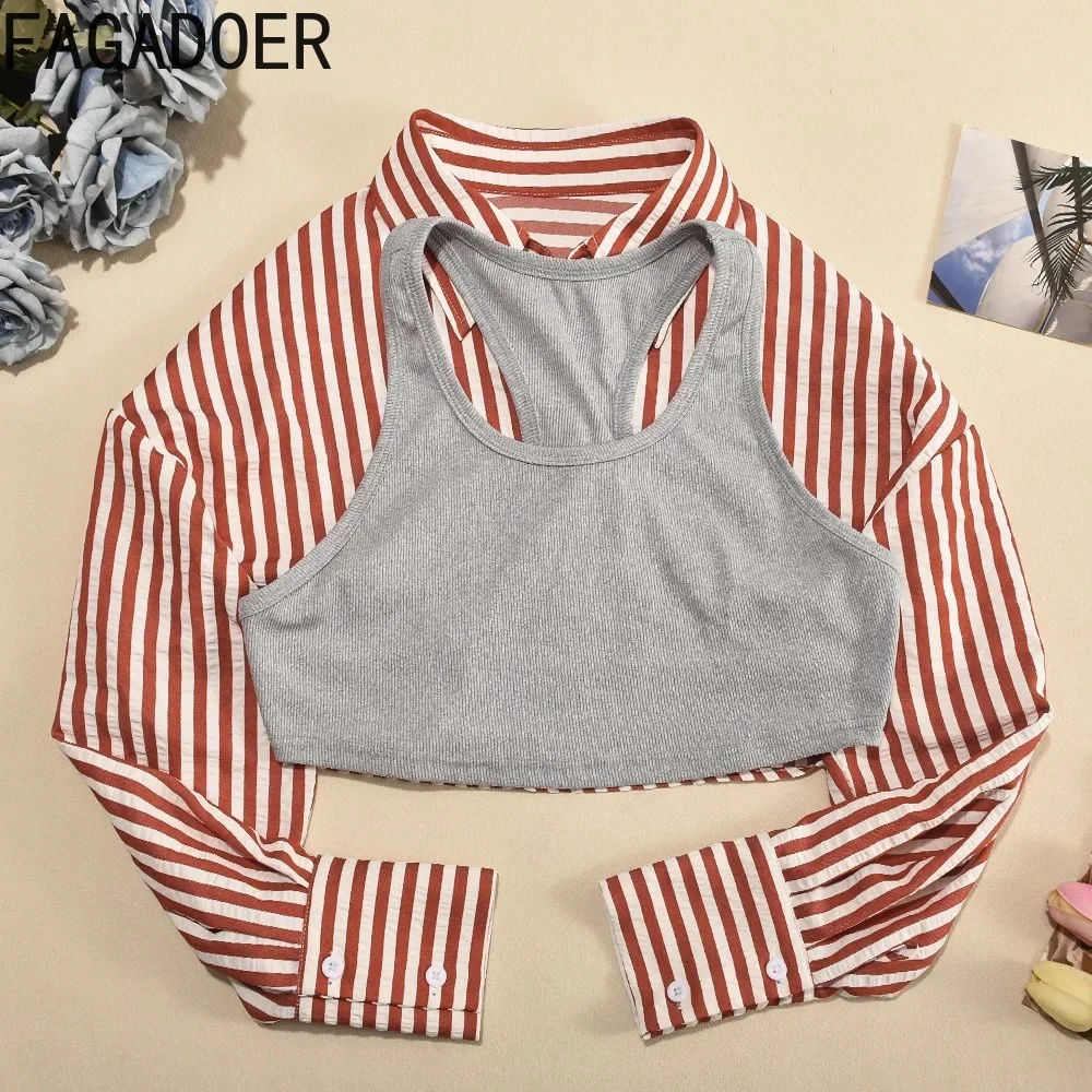 FAGADOER Autumn New Stripe Printing Crop Shirts 2024 Women Turndown Collar Button Long Sleeve 2 Pieces Tops Elegant Lady Clothes