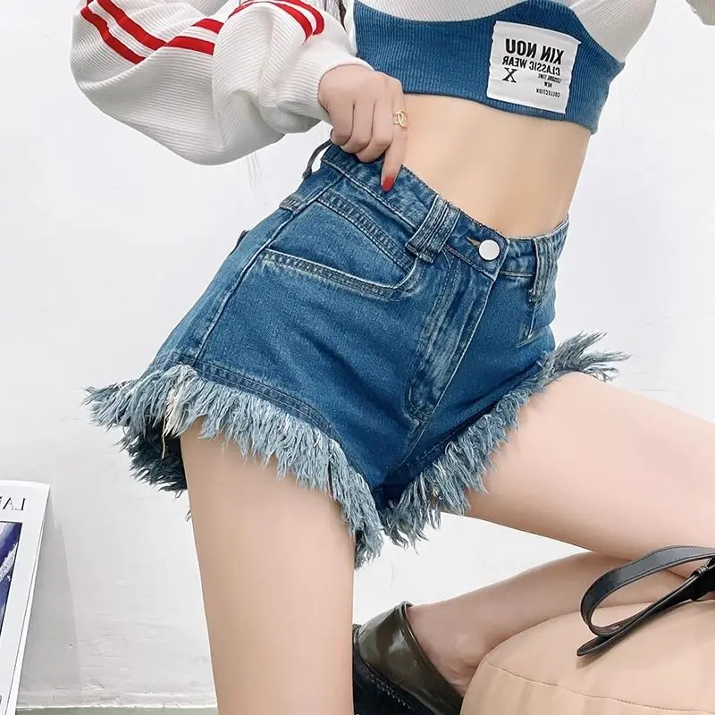 Pantalones cortos de mezclilla con flecos rugosos, pantalones vaqueros de cintura alta para mujer, novedad de verano, diseño Sexy Y2k, pantalones cortos con botín, pantalones calientes