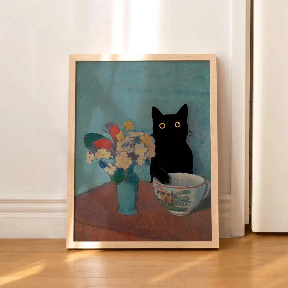 Schwarze Katze in Stilleben mit Blumen Wanddruck-Dekoration - Verspielte Altered-Art für Wohnzimmer-Akzent, Schlafzimmer-Wanddekoration oder Ca.