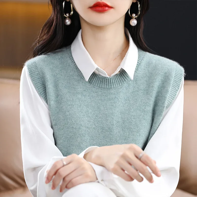 

Large Size Crew Neck Polyester Fiber Loose Fit Knitted Shirt Vest Women's Outerwear round Neck Sleeveless Top Layering