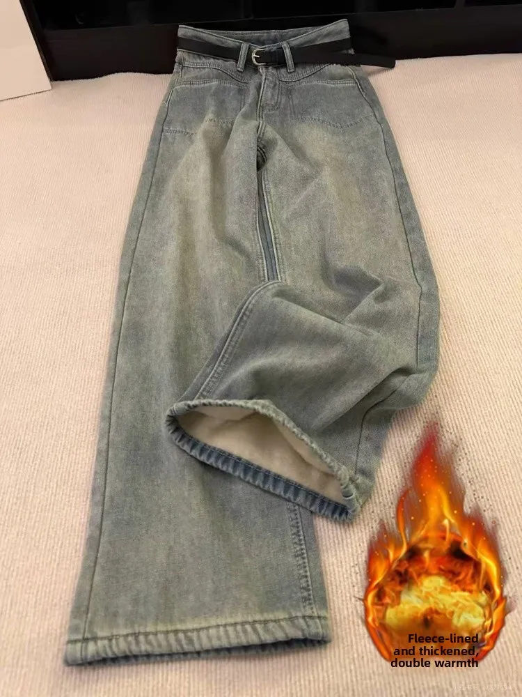 

plus Size Fce Lined Thi Denim Pants Women's High Waist Straight Leg Wide Leg Pants Spring Season Pear aped Body Loose ...