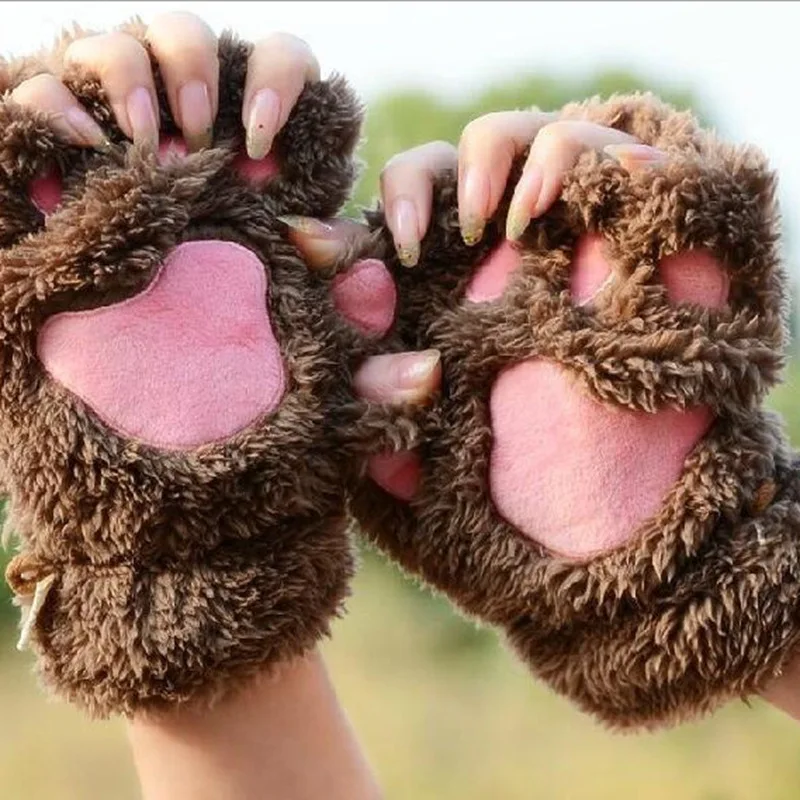 Women Cartoon Cat Bear Paw Gloves Thick Plush Half Finger Exposed Fingers Winter Warm Lovely Mittens Girls Cute Gift