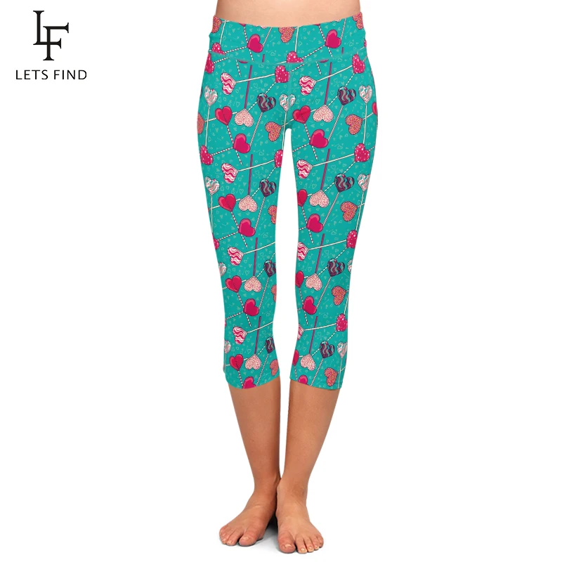 LETSFIND Summer Women Love Candy Print High Waist Capri Leggings Fitness Elastic Mid-Calf 3/4 Leggings