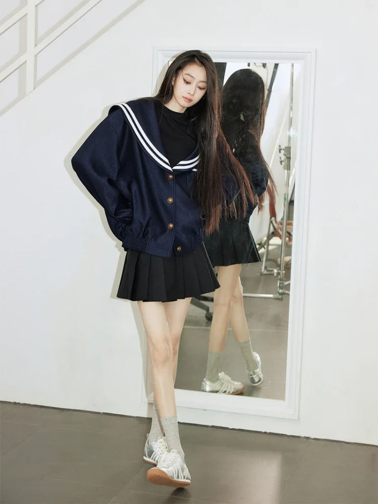 ADAgirl Vintage Sailor Collar Jacket Women Patchwork Long Sleeve Oversize Coat Preppy Style Uniform Old Money Aesthetics Outfits