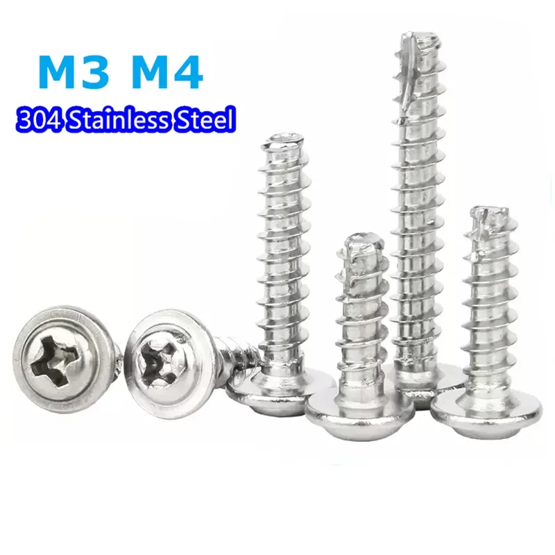 M3 M4 304 Stainless Steel Cross PWA Phillips Pan Round Head With Washer cut tail Self-tapping  Screw