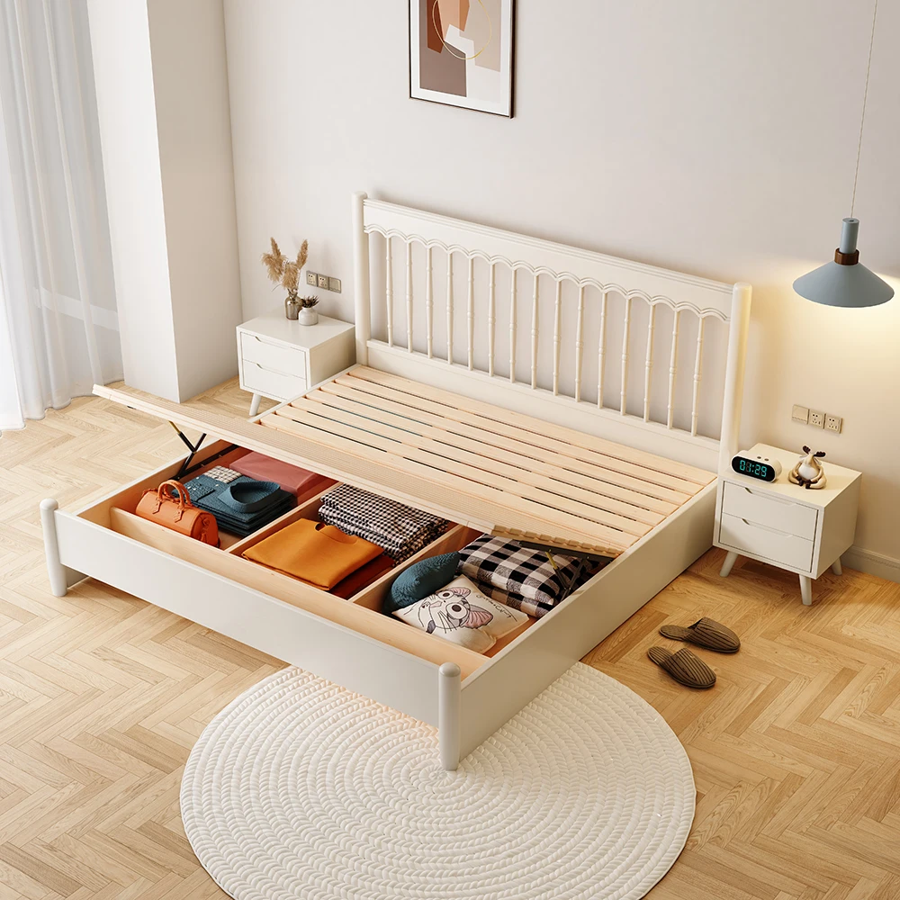 Nordic full solid wood bed white modern simple King and queen double cream color princess bed