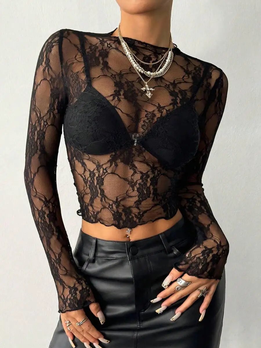 

Черный кружевной укороченный топ с цветочным узором и длинными рукавами для женщин, сексуальный, с круглым вырезом и дизайном бралетта