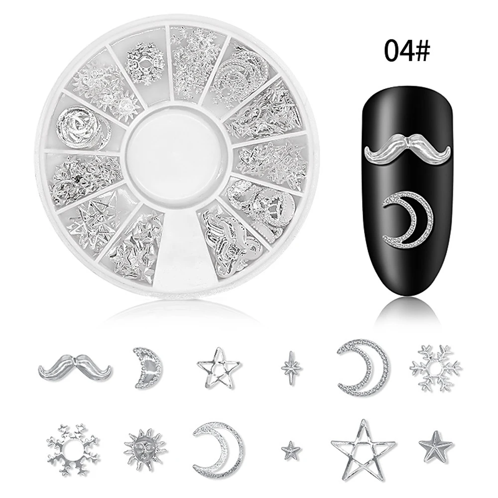 Accessoire de décoration pour ongles en alliage métallique, étoile et lune, boîte de perceuse, 12 grilles