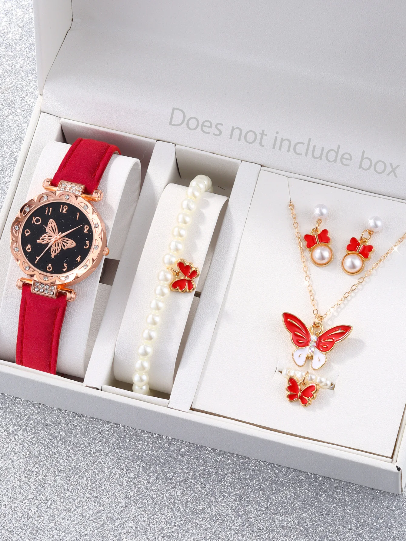 Fashion red lace Large Butterfly ladies quartz watch with beaded butterfly necklace set gift