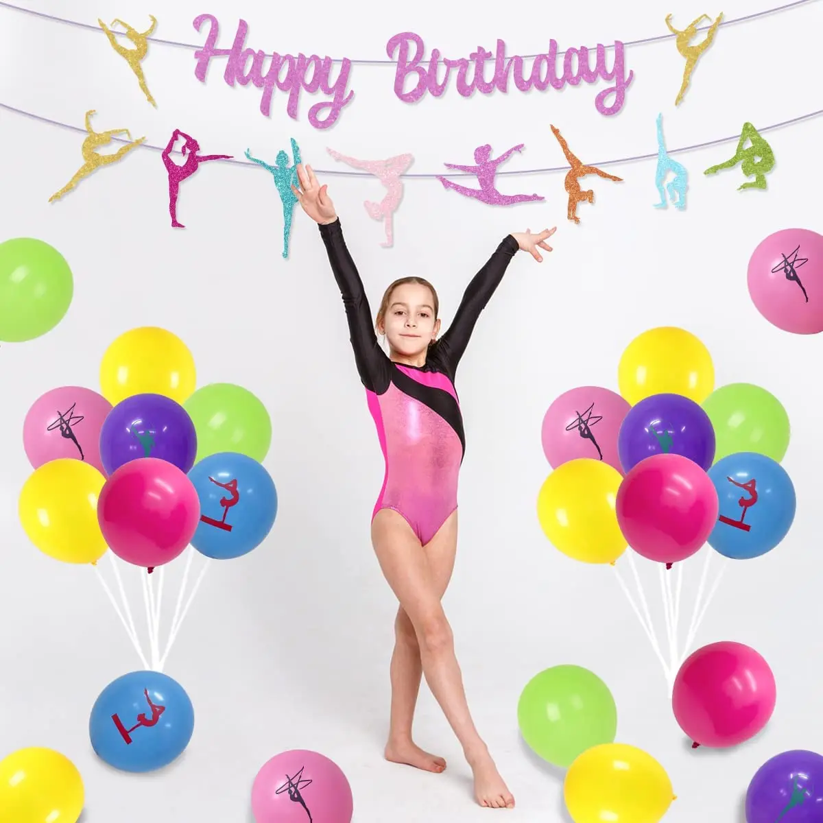 Imagem -05 - Joymemo-gymnast Glitter Birthday Banner para Meninas Cake Topper Pano de Fundo Gym Theme Party Decoration Ginástica Happy Birthday