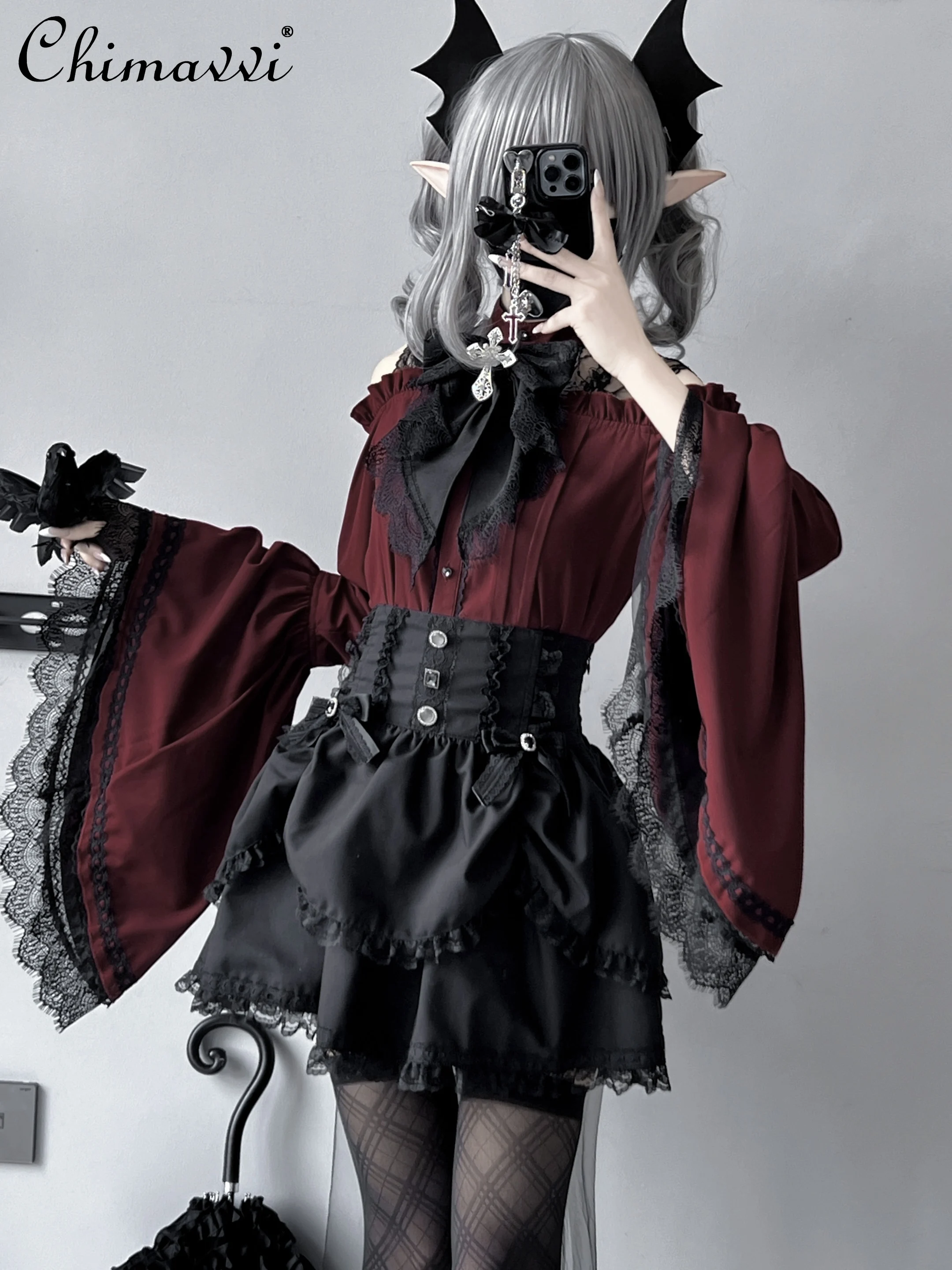 

Original Japanese Mine Series Mass-produced Ji Sleeve Lace Splicing Lolita Shirt Mini Skirt and Cape 3-piece Women's Outfits