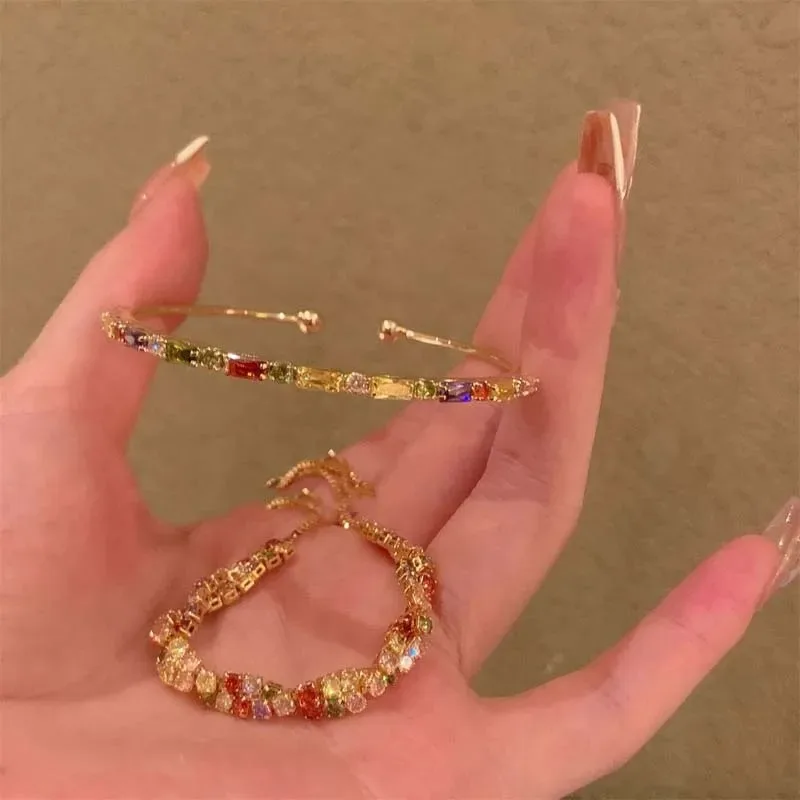 Colorful Crystal Zircon Bracelet for Women Girls Luxury Adjustable Opening Bracelet Bangle Wedding Charm Fashion Jewelry Gifts