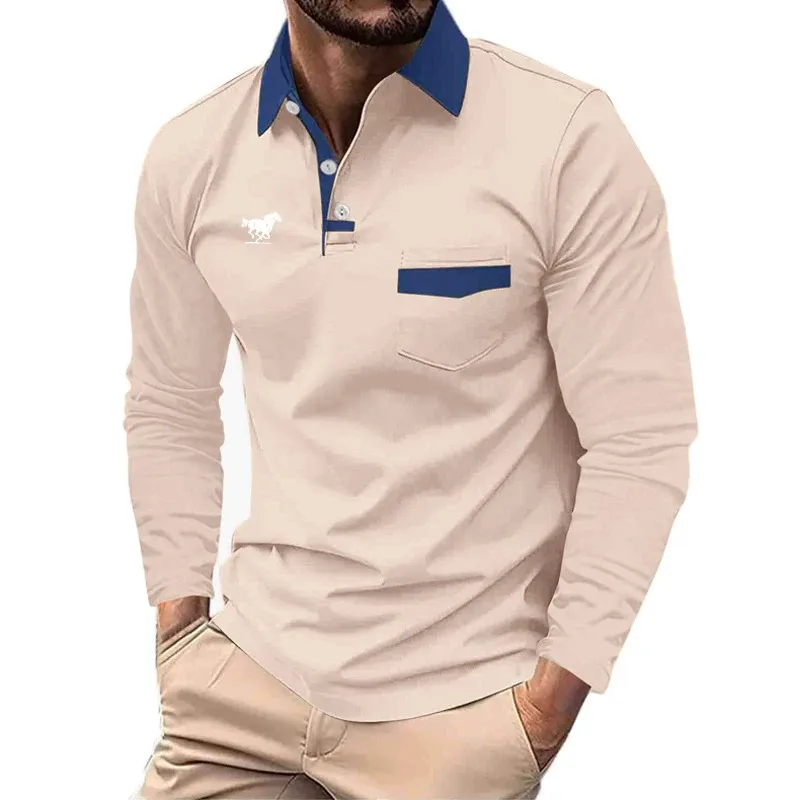 Men's business casual polo shirt, long-sleeved shirt, tight pocket sewn, solid color, sporty, spring and autumn, new