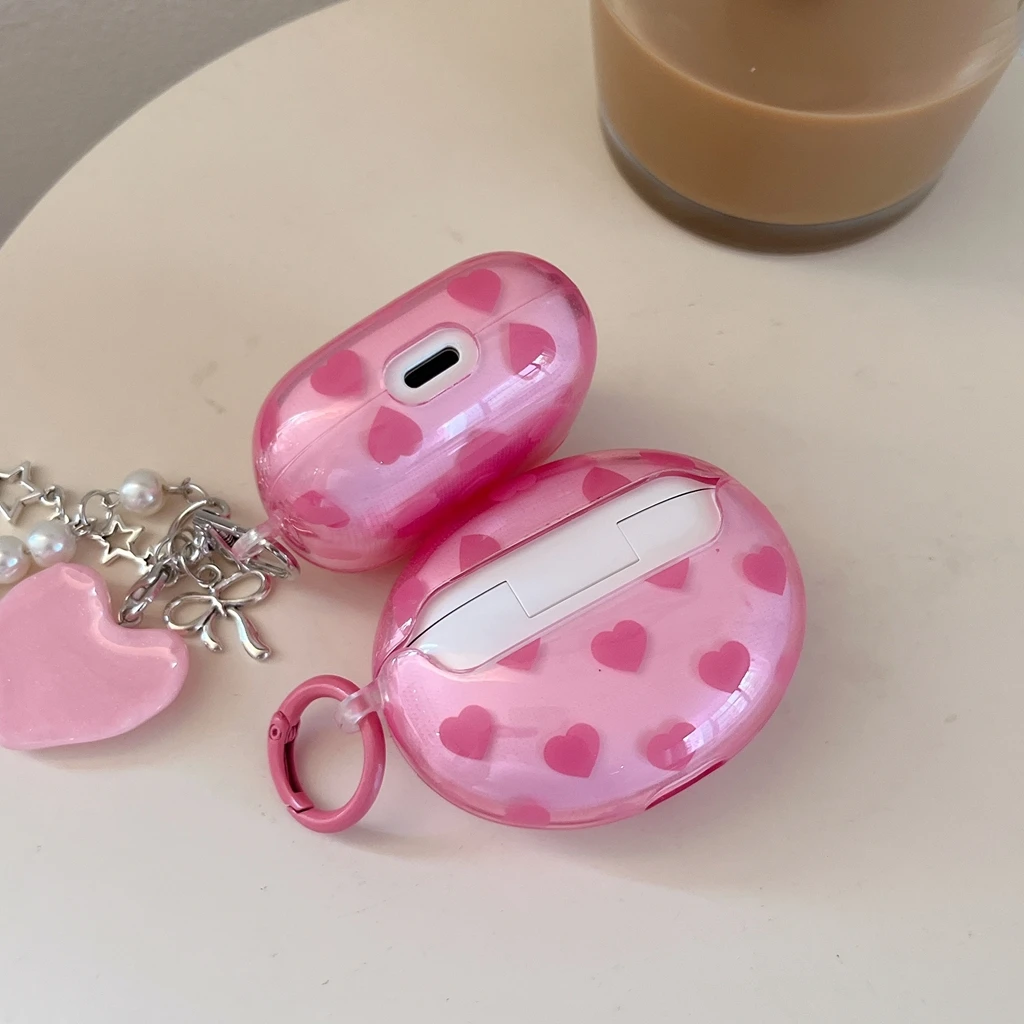 Romantic Pink Transparent Heart Glossy With Pendant Shock Proof Earphone Cover Case for Huawei FreeBuds 6i SE 3 2 FreeClip 2