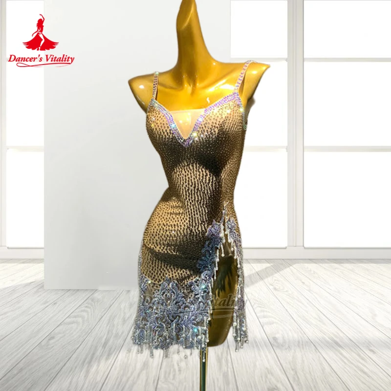 Adult Salsa Samba Sexy Back Cross Strap Style Outfit Customize Latin Dance Sleeveless Sling Competition Clothe Dancer's Vitality