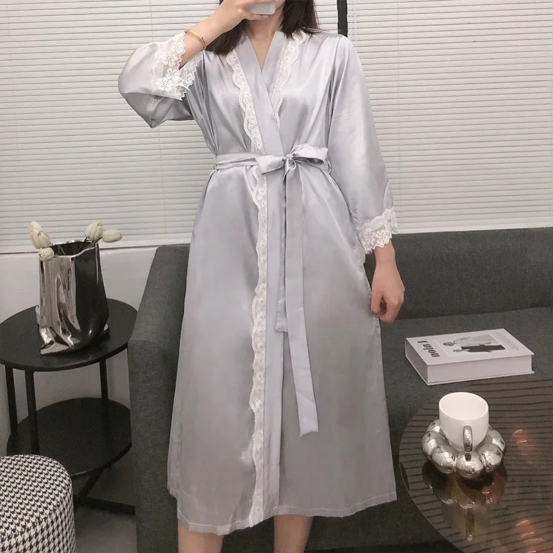 

Sexy Summer Satin Wedding Robe Lace Trim Nightgown Women Loose Sleepwear Loose Homewear Bride Morning Gown Kimono Loungewear