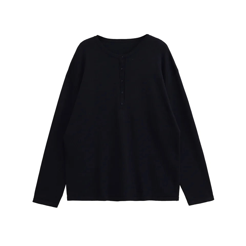 

2025 New Navy Blue Round Neck Long Sleeve Buttons Decoration Simple Top Women Fashion Versatile Comfortable Base Layer Shirt