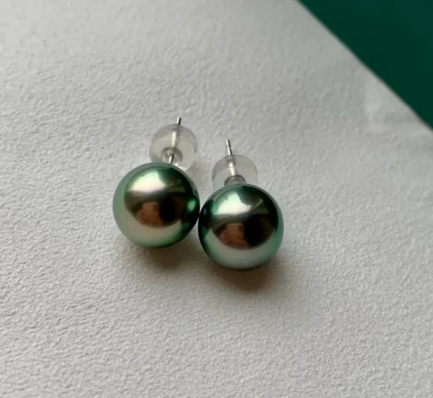 Charming 8-9mm tahitian black peacock pearl earring AAAAA
