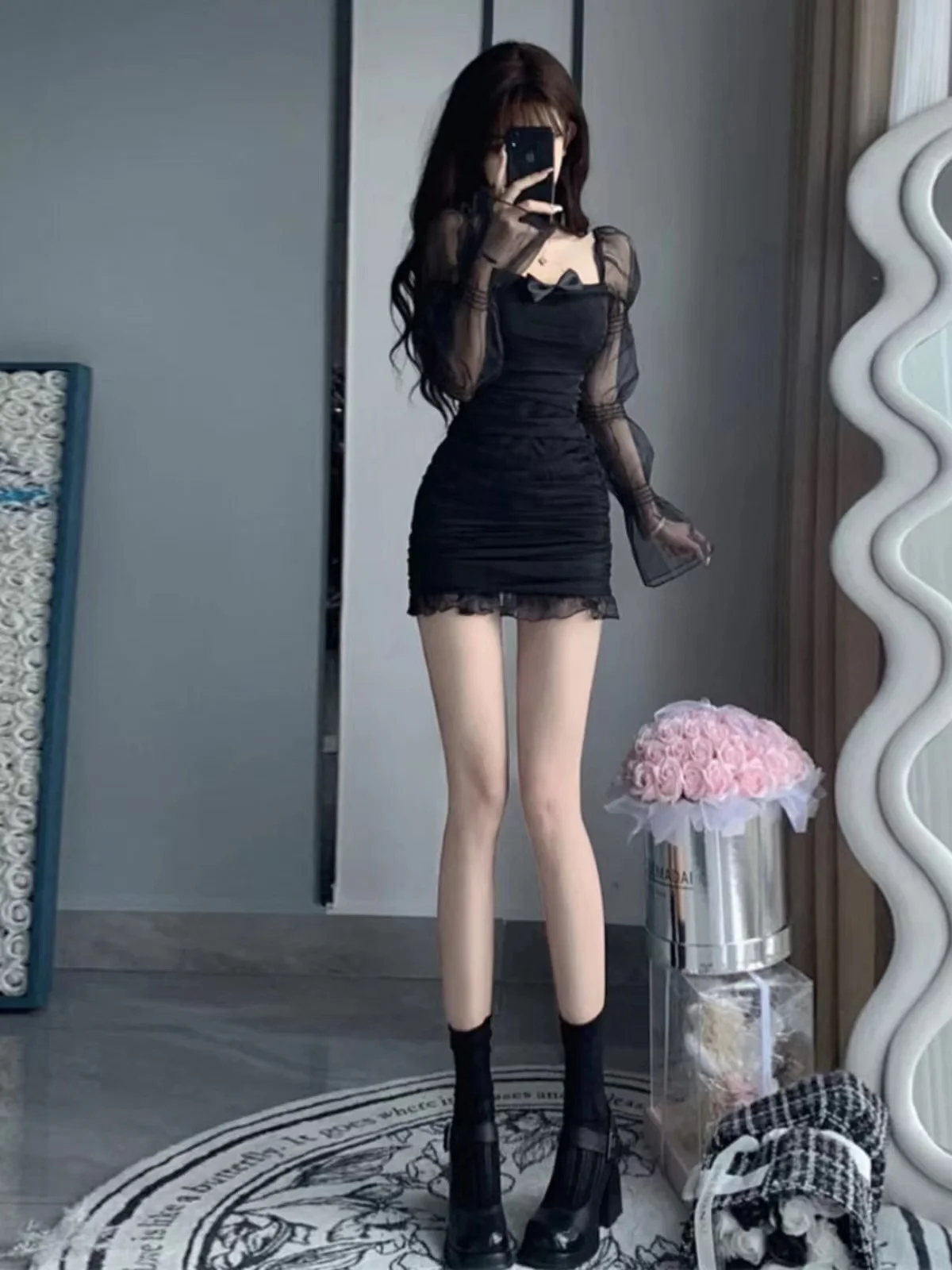 Sweet Style Summer Long Sleeve Bubble Sleeve Mesh Trim Bodycon Dress Women's Design  Knot Pure Desirable Slimming Se...