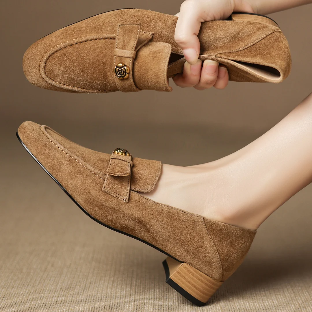 

Women's natural suede leather round toe metal buckle slip-on flats loafers high quality soft comfortable casual winter moccasins