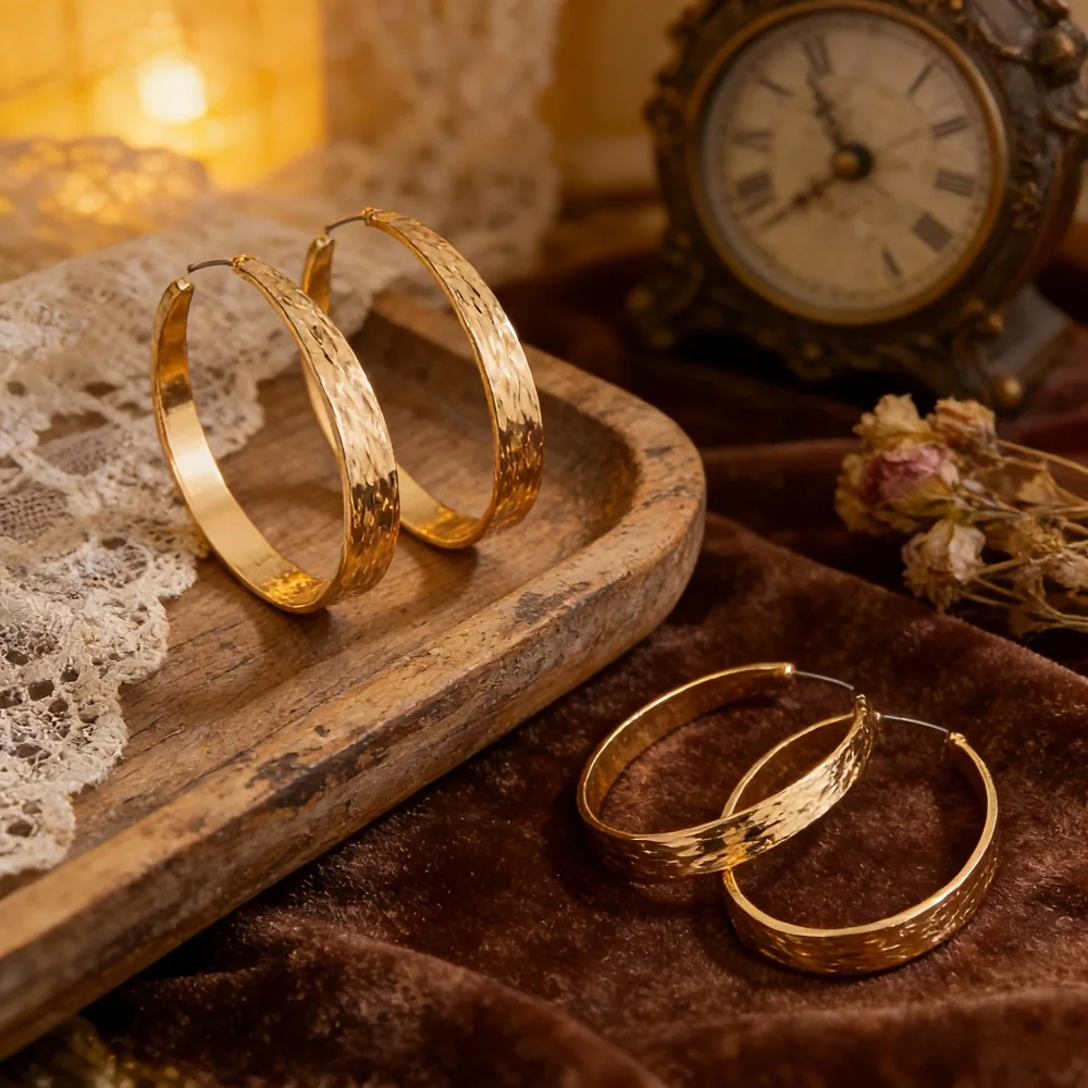Trendy Gold Texture Large Hoop Earrings Y2K Retro Hammered Exaggerated Big C-Shaped Ear Cuff Minimalist Boho Style Metal Ear Rin