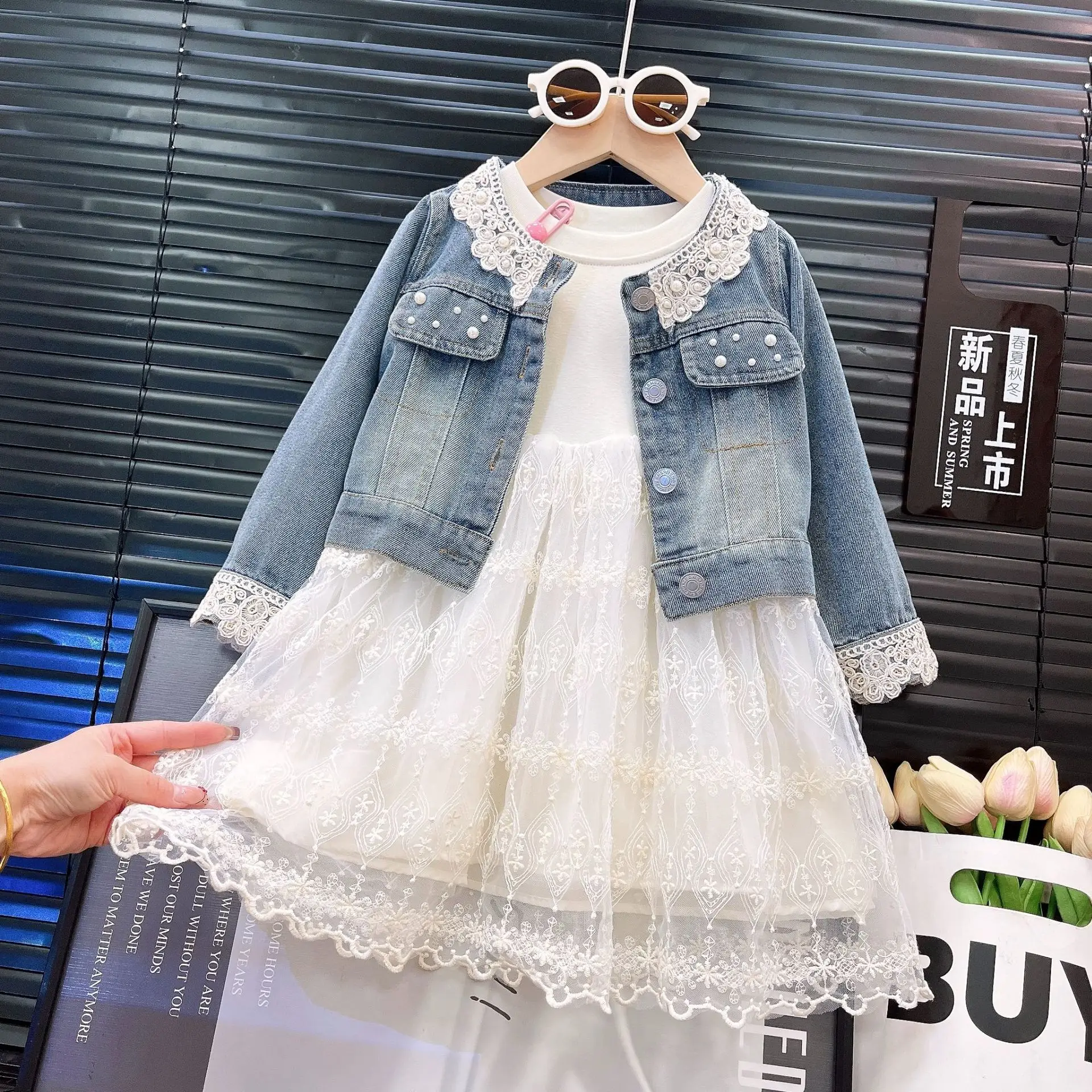 Girls Set 2026 Autumn Children's Clothing Cute Lace Dress with Fashion Cowboy Coat Two Piece Set Princess Skirt Set