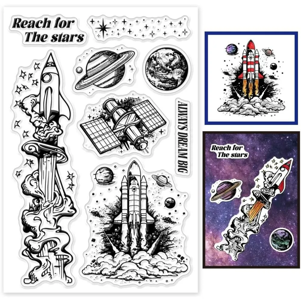 Rocket Clear Stamps Satellite Silicone Clear Stamp Seals Planet Transparent Stamps for DIY Scrapbooking Cards Making Photo