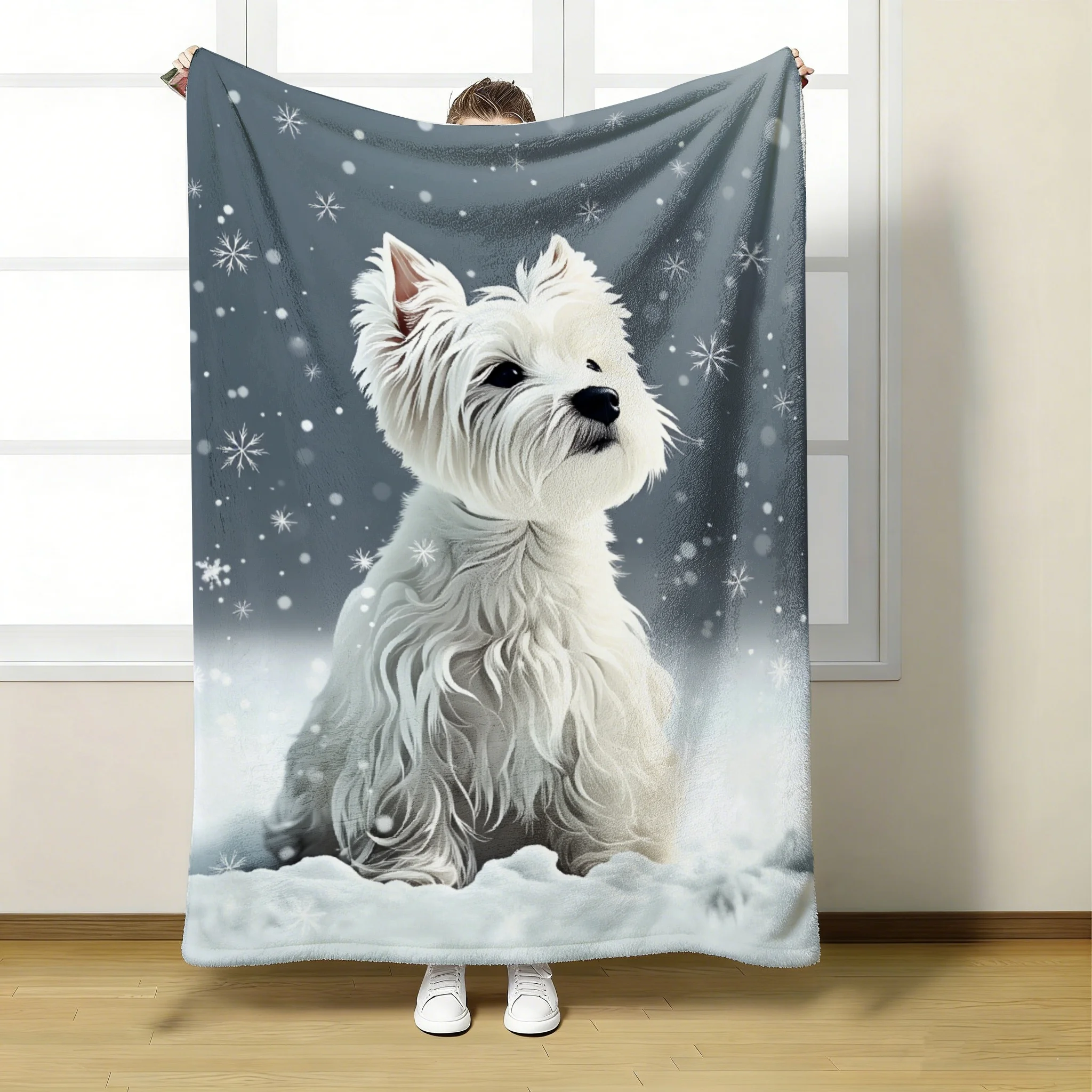 1 Stück Westie Snowflake Winter-Reverse-Decke, weiche, leichte Ganzjahresdecke für Couch, Bett, Büro und Reisen, ideales Geschenk, 280 g/m²