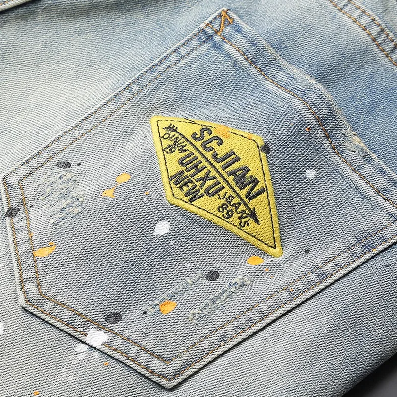 Newly Fashion Designer Men Jeans Summer Trends Retro Blue Elastic Painted Ripped Short Jeans Hip Hop Vintage Denim Shorts Men