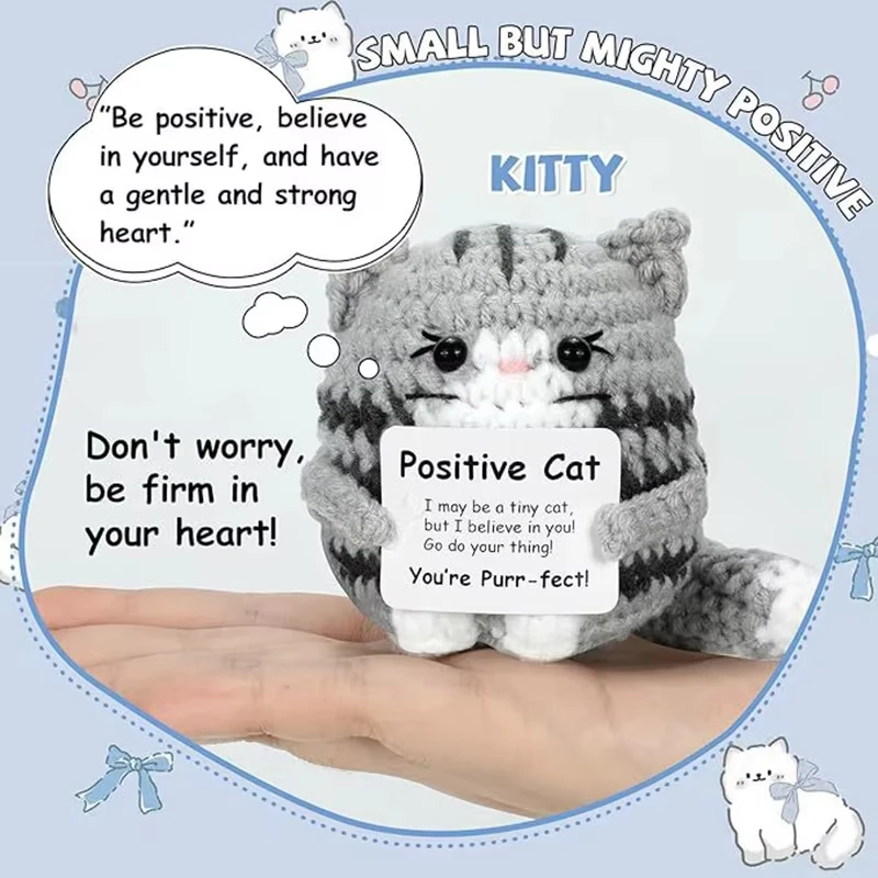 Positive Crochet Cat Mini Animal Emotional Cheer Up Support Gift Funny Crochet Mini Handmade Cat for ChrismasTeen Festival Gifts