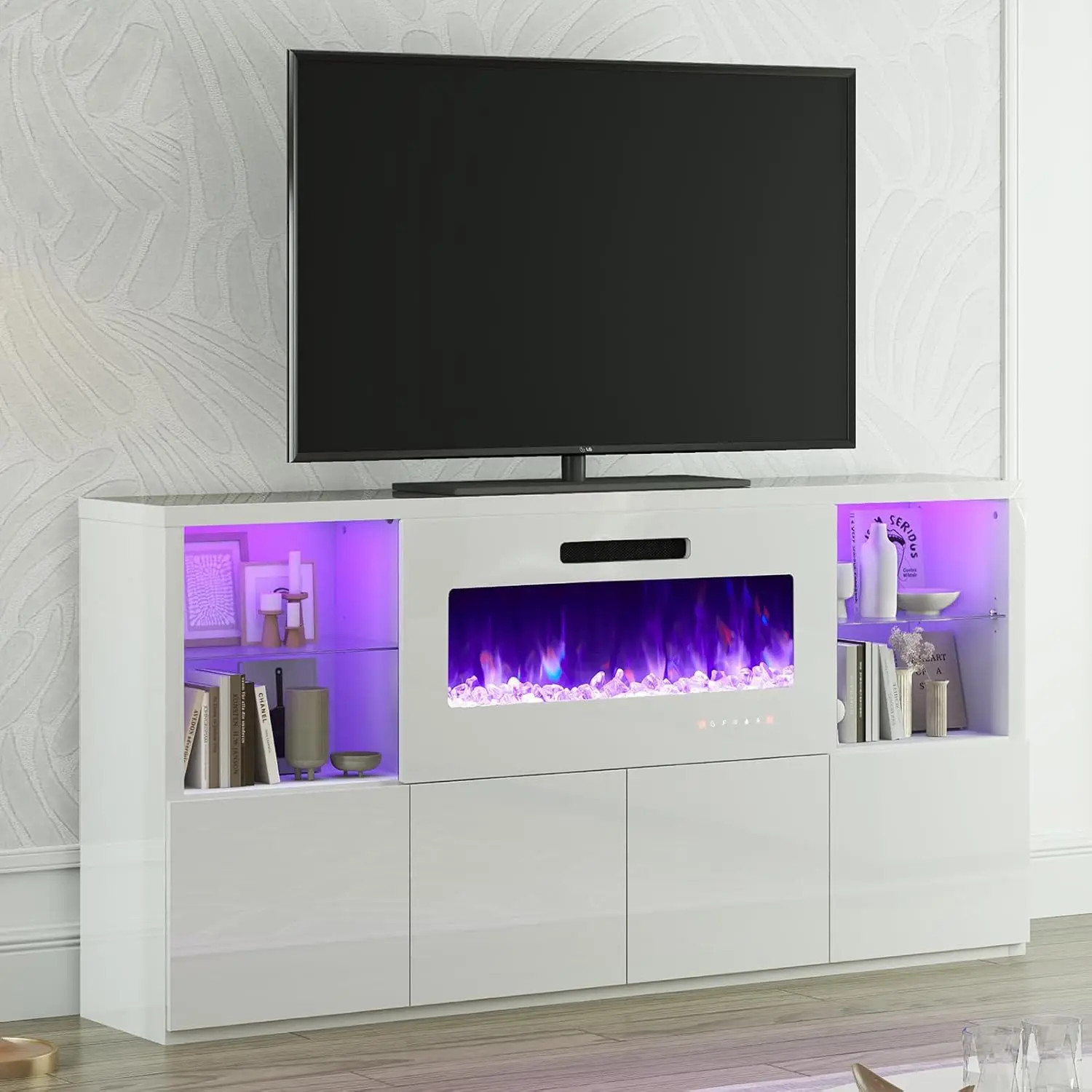 

68" Modern Fireplace TV Stand for TVs up to 75", High Gloss Entertainment Center with 40" Fireplace, 4 Shelves & Storage Cabinet