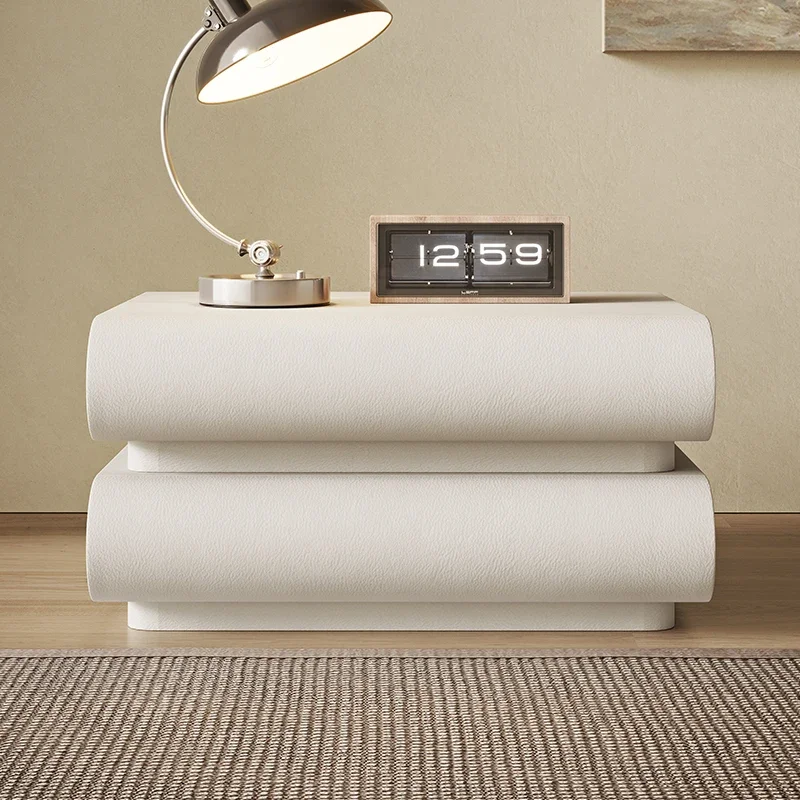 

ZL Cream Style Bedside Table Leather Solid Wood Bed Side Storage Cabinet Locker