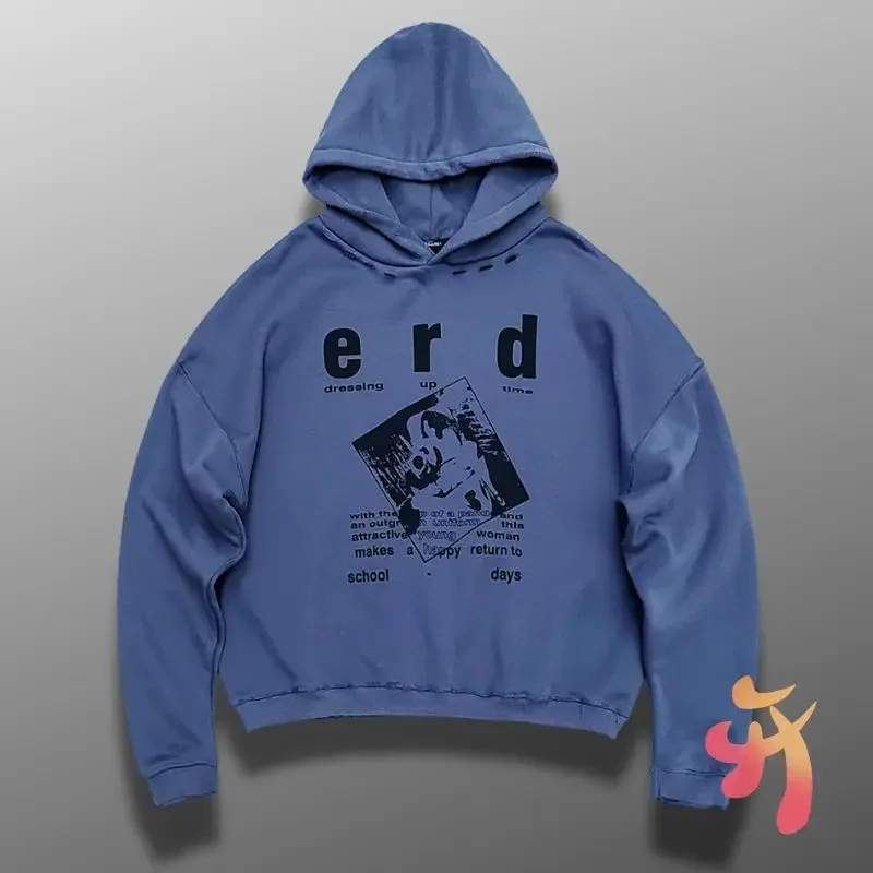 High Quality Abstract Portrait Letter Print ERD Hoodies Washed Blue Retro Hole Hooded Sweatshirts Casual Street Men Women Hoodys