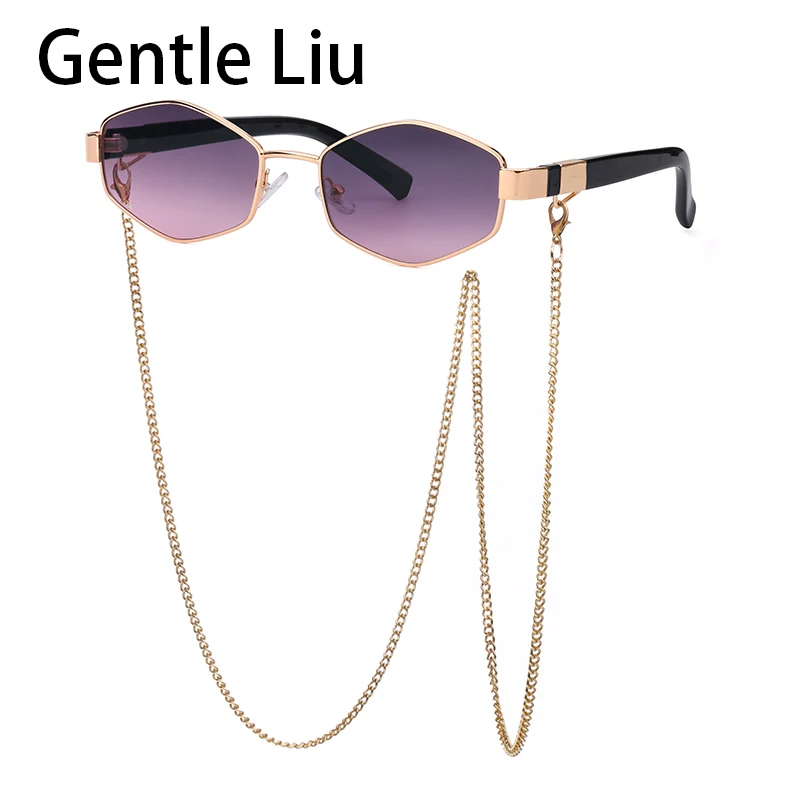 Vintage Punk Sunglasses Women With Chain Small Frame Sun Glasses for Ladies 2024 Luxury Brand Designer Hexagon Eyewear UV400