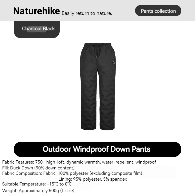 Naturehike Winter Outdoor Winddichte donsbroek 750FP Witte eendendons Warmte-isolerende wandel- en bergsportbroek, unisex