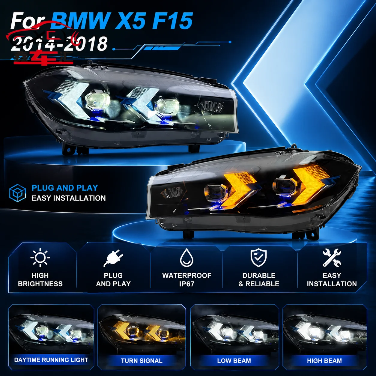 

Car DRL LED Headlight Light Assemblies For BMW X5 X6 F15 F16 2014-2018 Auto Fog DRL Brake Turn Signal Lamp Plug and Play