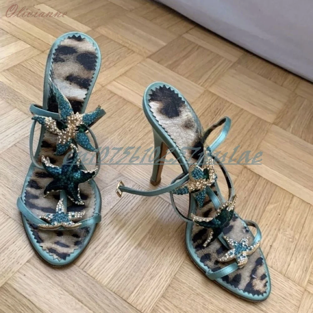 

Green Crystals Starfish Decor Hollow Sandals T-Strap Ankle Buckle Stiletto High Heel Summer Seaside Vacation Zapatos Para Mujere