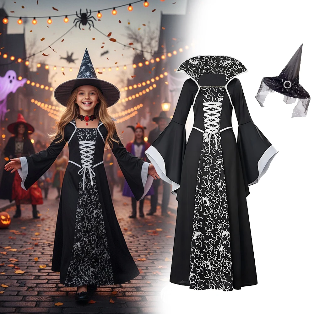 Kids Halloween Long Witch Costume Black White Printed Long Gown with Witch Hat Girls Carnival Trick or Treat Cosplay Outfit