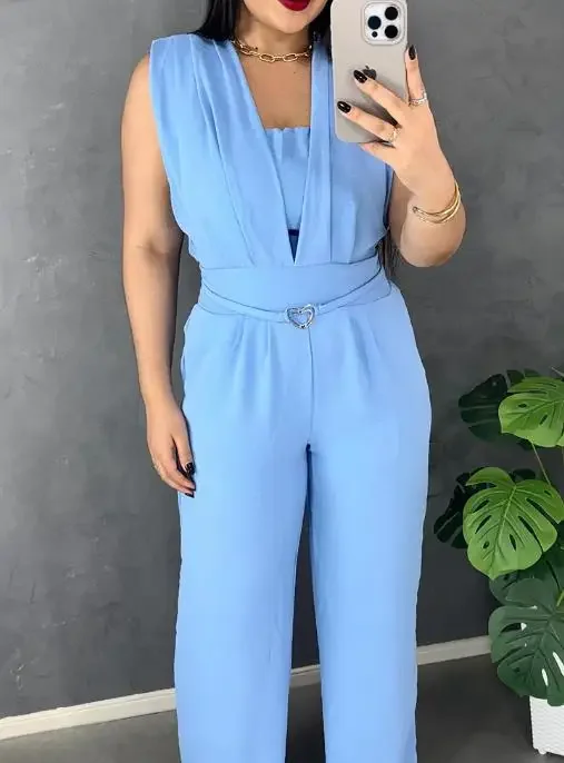 Women's Fashion V Neck Lace-Up High Waist Meatl Jumpsuit Temperament Commuting Female Casual Shirred Wide Leg Romper